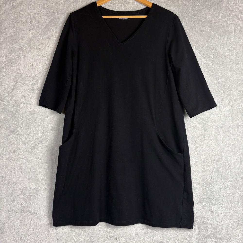 Eileen Fisher Black Organic Cotton V-Neck Shift Dress Pockets Womens Medium Cozy